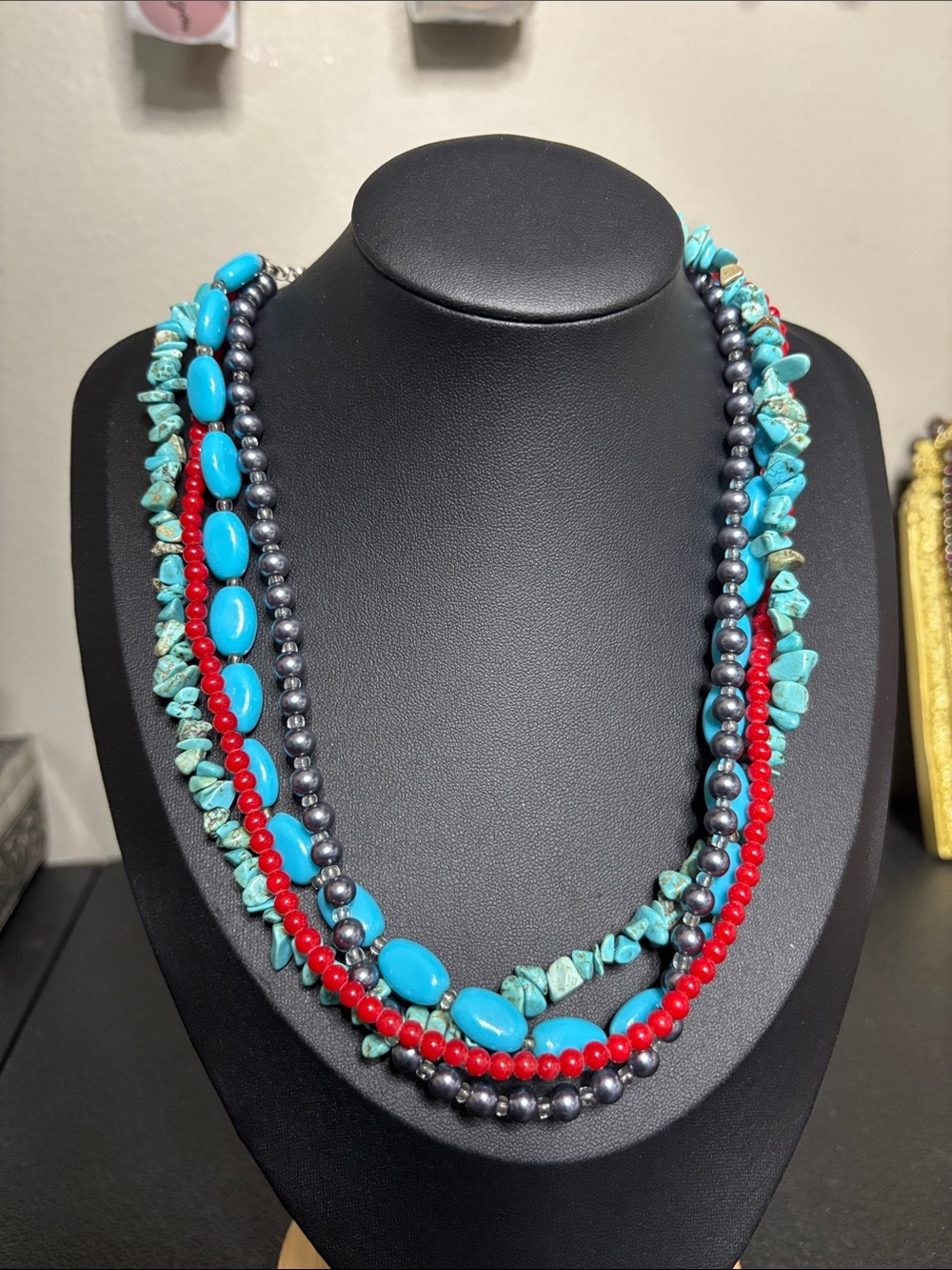 Boho Western Multi-Strand Turquoise & Red Beaded Necklace Silver Tone